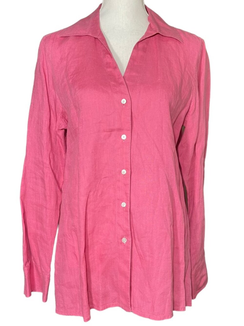 100% Linen Blouse 14 Irish Hot Pink Talbots Button-up Shirt Long Sleeve Barbie